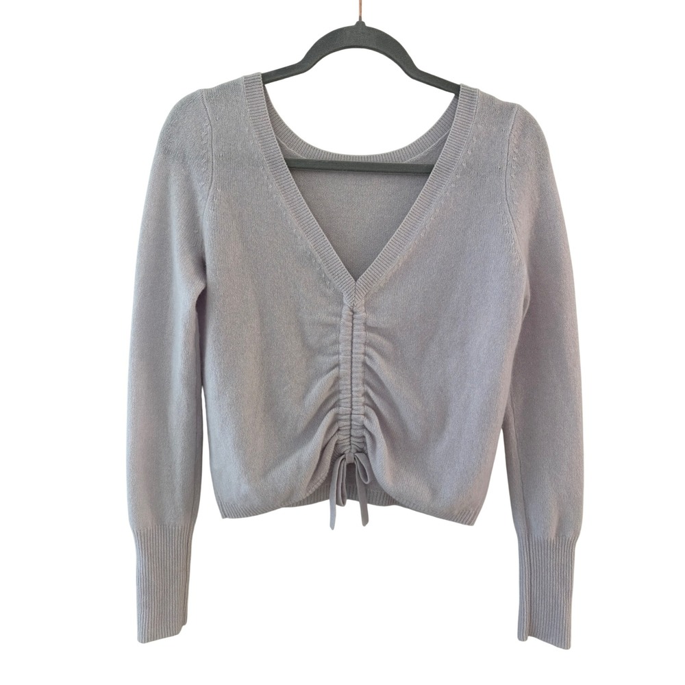 Intermix 100% Cashmere Cinch Front Cropped V-Neck Sweater Lavender Grey P